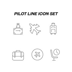 Pilot line icon set. Modern outline high quality illustration for banners, flyers and web sites. Editable strokes of airplane, passenger seat, luggage, briefcase