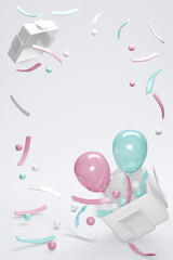 3D Rendering concept of gender reveal, wedding, baby shower, birthday party. blue and pink pastel balloons and confetti floating from gift box on white background. 3D Render. 3D illustration.