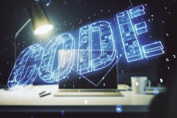 Creative Code word sign on modern computer background, international software development concept. Multiexposure