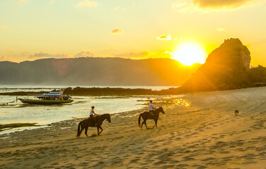 sunset on the beach with horses