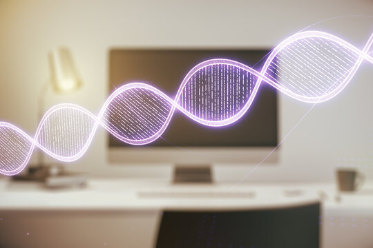 Creative concept with DNA symbol illustration on modern laptop background. Genome research concept. Multiexposure - Powered by Adobe