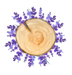 Obraz na płótnie Canvas Watercolor hand drawn lavender wooden cut slice decorated with lavender flowers isolated on white background. Rustic cottage core provence 