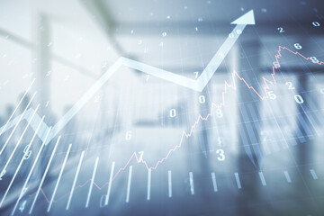 Abstract virtual financial graph and upward arrow hologram on modern interior background, financial...