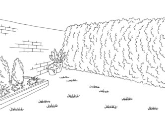 Backyard garden graphic black white sketch illustration vector 