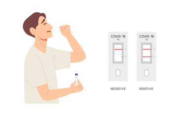 Young male using Rapid Antigen test Kit with positive and negative result. Self test of COVID-19 infection. Concept of virus pandemic prevention, corona virus detection. Flat vector illustration.