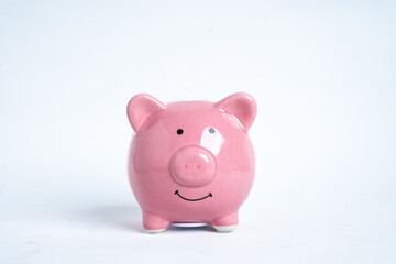 The piggy bank smiling in the white background.