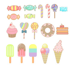 Cute elements of candy and ice cream , Collection of vector ice cream and candies illustrations isolated on white