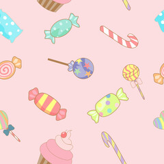 seamless pattern with sweets - ice cream, cupcakes, and candies  on pink background 