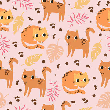 Seamless children's pattern with cute leopards and palm leaves. Safari animals