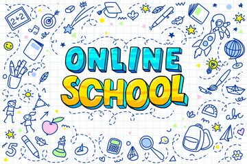 Online School Concept. Online School lettering in pop art style on white background with hand drawn elements.
