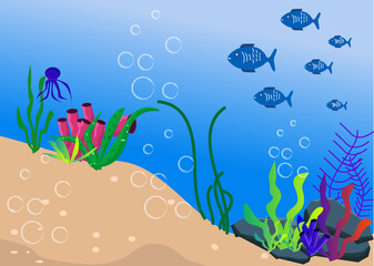 Naklejka na ściany i meble illustration of underwater life with coral reef fish and very clean sand water bubbles and water animals