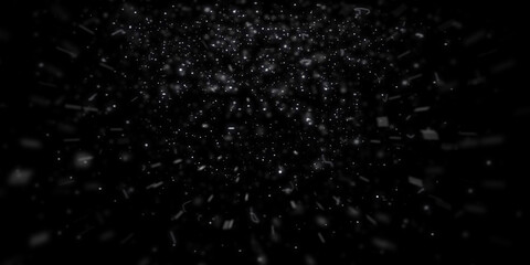 Snow flying in the dark sky. Winter snowy background. Christmas illustration.
