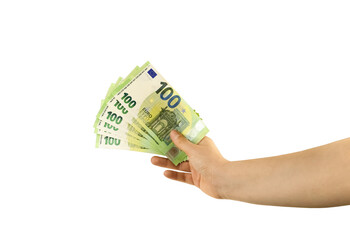 Isolated hand with money on a white background. Euro in a Viennese hand on a white background.