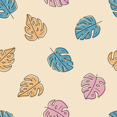 Seamless pattern of monstera leaves. Background wallpaper of a tropical plant in a flat style.