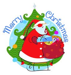 Christmas greeting card with santa claus in sledge