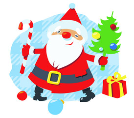 Funny santa claus with candy cane christmas tree and gift box