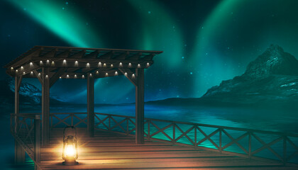 Wooden pier on the water. Night polar fantasy landscape with northern lights. Neon sunset, northern lights, night seascape. Dark natural scene with light reflection in water. 3D illustration.