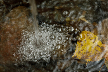 water running from a faucet into a small basin with autumn leaves