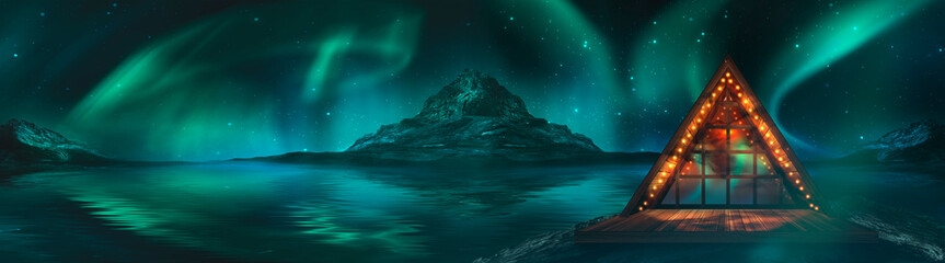 Fototapeta premium Night polar fantasy landscape with northern lights. Neon sunset, northern lights, night seascape. Islands, starry sky. Dark natural scene with light reflection in water. 3D illustration. 