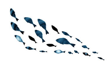 Silhouettes of groups of  fishes on white. Watercolor. Black and white