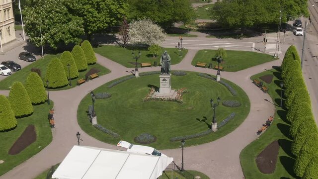 Close up view of Carl Johans park with statue of king Karl Johan XIV, Norrkoping