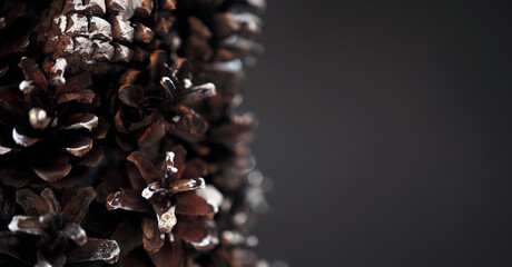 Horizontal black and brown Christmas background with shiny cones and free space for your text