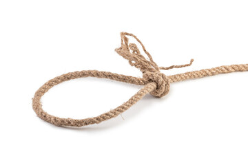 Noose isolated. Rope trap. Loop, hemp rope tied up with rope isolated on white