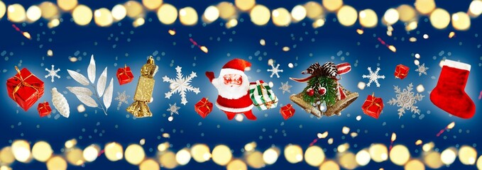 Christmas banner. Santa Claus, Christmas sock, snowflakes, gifts, bells and gold candy on a blue background with bokeh.