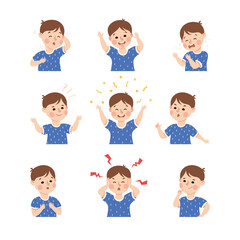 Little Boy Demonstrating Facial Expression and Emotion Laughing and Grimacing Vector Set