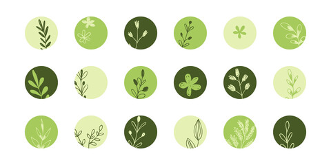 Trendy social media round cover design, social network stories and post, mobile apps, design. Template icons with floral doodle elements. Set of various vector highlight covers, mockup for bloggers