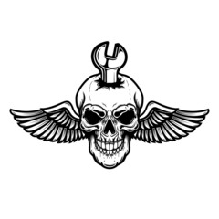 Winged skull with wrench. Design element for logo, label, sign. Vector illustration