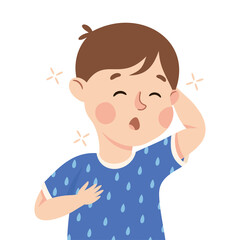 Little Boy Demonstrating Dizziness as Facial Expression and Emotion Holding Head Vector Illustration