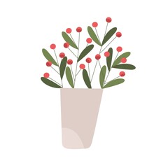 Home plant with red berries and leaves. American wintergreen growing in pot. Houseplant in flowerpot. Interior decor with showy teaberry and leaf. Flat vector illustration isolated on white background