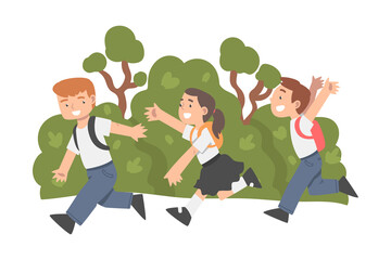 Little Boy and Girl with Backpack Running and Laughing Vector Illustration