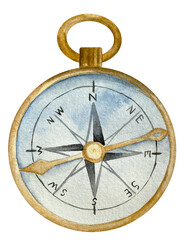 Watercolor gold and blue vintage pocket compass. Nautical element © Берилло Евгения