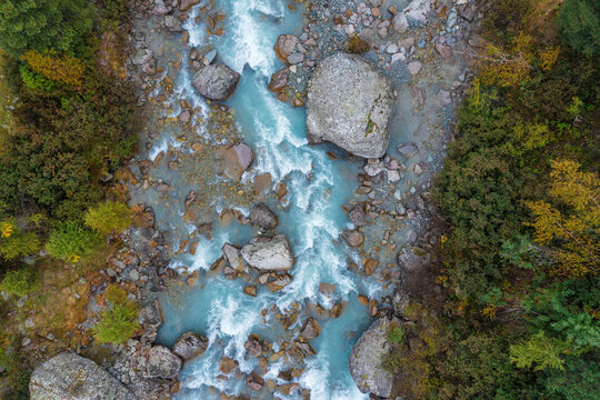 Drone view of Ova da Morteratsch river flowing through Val Morteratsch