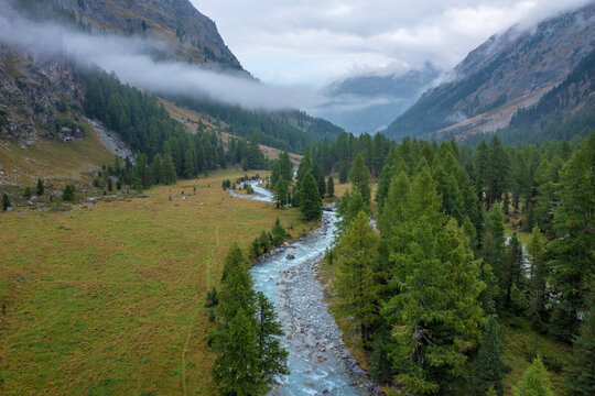 Drone view of Ova da Morteratsch river flowing through Val Morteratsch