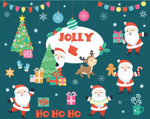 Cute Christmas Santa Clause Christmas tree December Design Elements Flat Vector Illustration Set