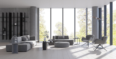 Illustration 3D rendering large luxury modern bright interiors Living room mockup computer digitally generated image