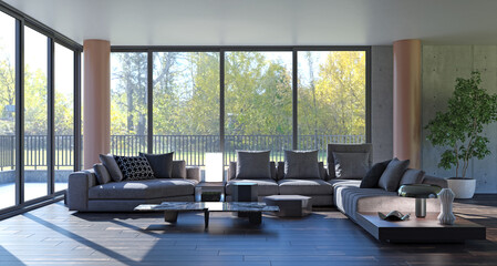 Illustration 3D rendering large luxury modern bright interiors Living room mockup computer digitally generated image