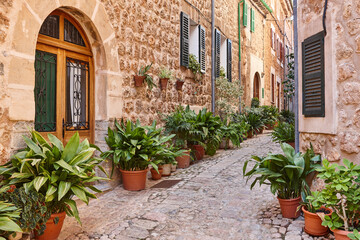 Fototapeta na wymiar Traditional stone alley decorated with plants in Mallorca, Spain