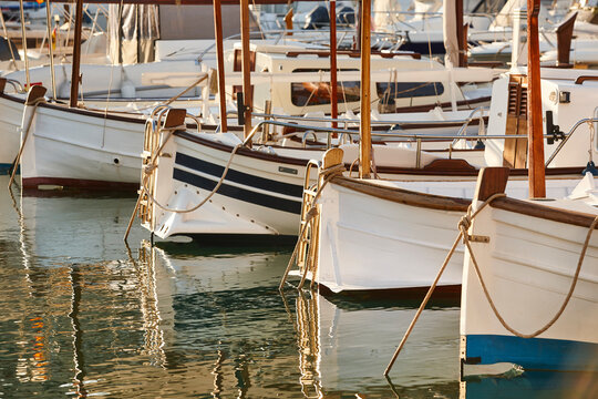 Traditional balearic boats, llauts. Soller harbor.  Mallorca island