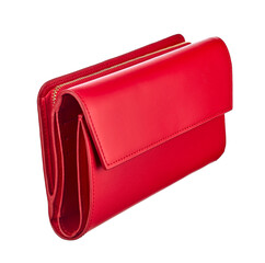 Women's wallet-purse made of red leather in a closed form, isolated on a white background. Angular...