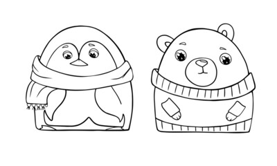 set of coloring pages bear and penguin for children contour character beasts new year winter vector on a white background isolate doodle sketch