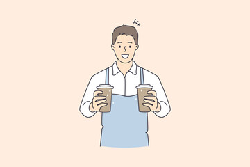 Working as barista in cafeteria concept. Young smiling man barista cartoon character wearing apron standing holding cups with coffee drink vector illustration 
