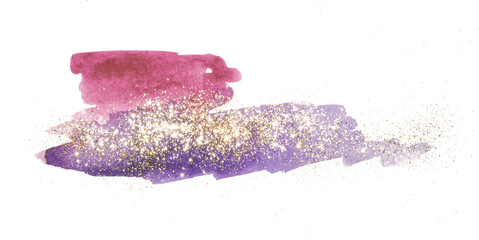 Abstract pink and purple watercolor splash and golden glitter in vintage nostalgic colors