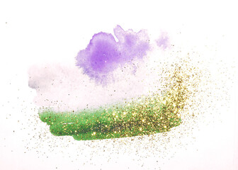 Abstract purple and green watercolor splash and golden glitter in vintage nostalgic colors