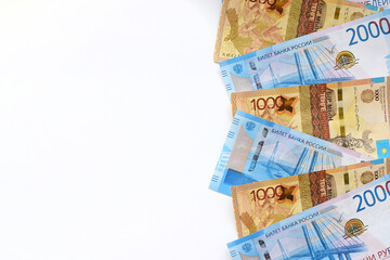 Banknotes of Russia and Kazakhstan on a white background. Currency exchange concept. International trade. Money background. Selective focus.
