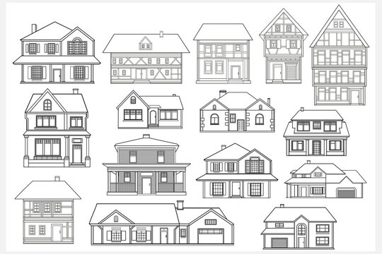 Set of city buildings on a light gray background. Building icons. Outline style. Suburban houses