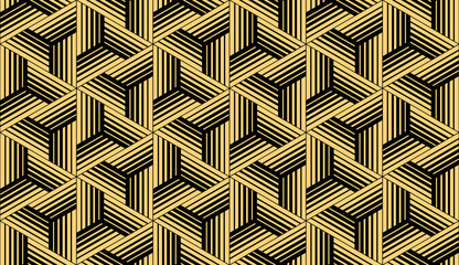 Abstract geometric pattern with stripes, lines. Seamless vector background. Gold and black ornament. Simple lattice graphic design